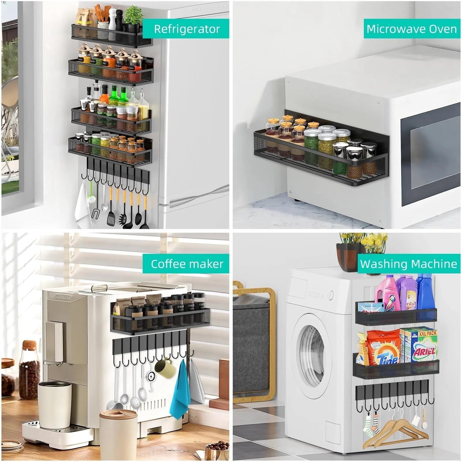 Heavy Duty Magnetic Refrigerator Organizer Shelf with Hooks Expandable Storage Rack for Kitchen Pantry No Drill Space Saver