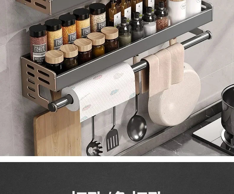 Stylish Wall-Mounted Kitchen Condiment Rack with Storage Box Multifunctional Household Utensil Rack with Oil Vinegar Dispenser