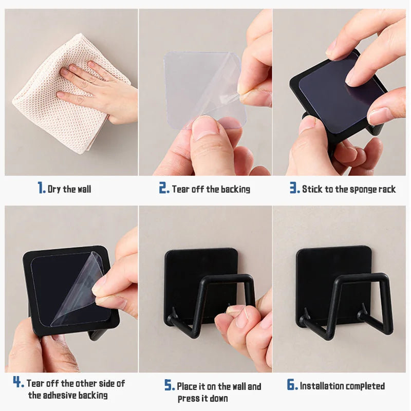 Sponge Holder for Kitchen Sink Self Adhesive Drain Drying Rack Kitchen Wall Hooks Accessories Dish Sponge and Brush Holder