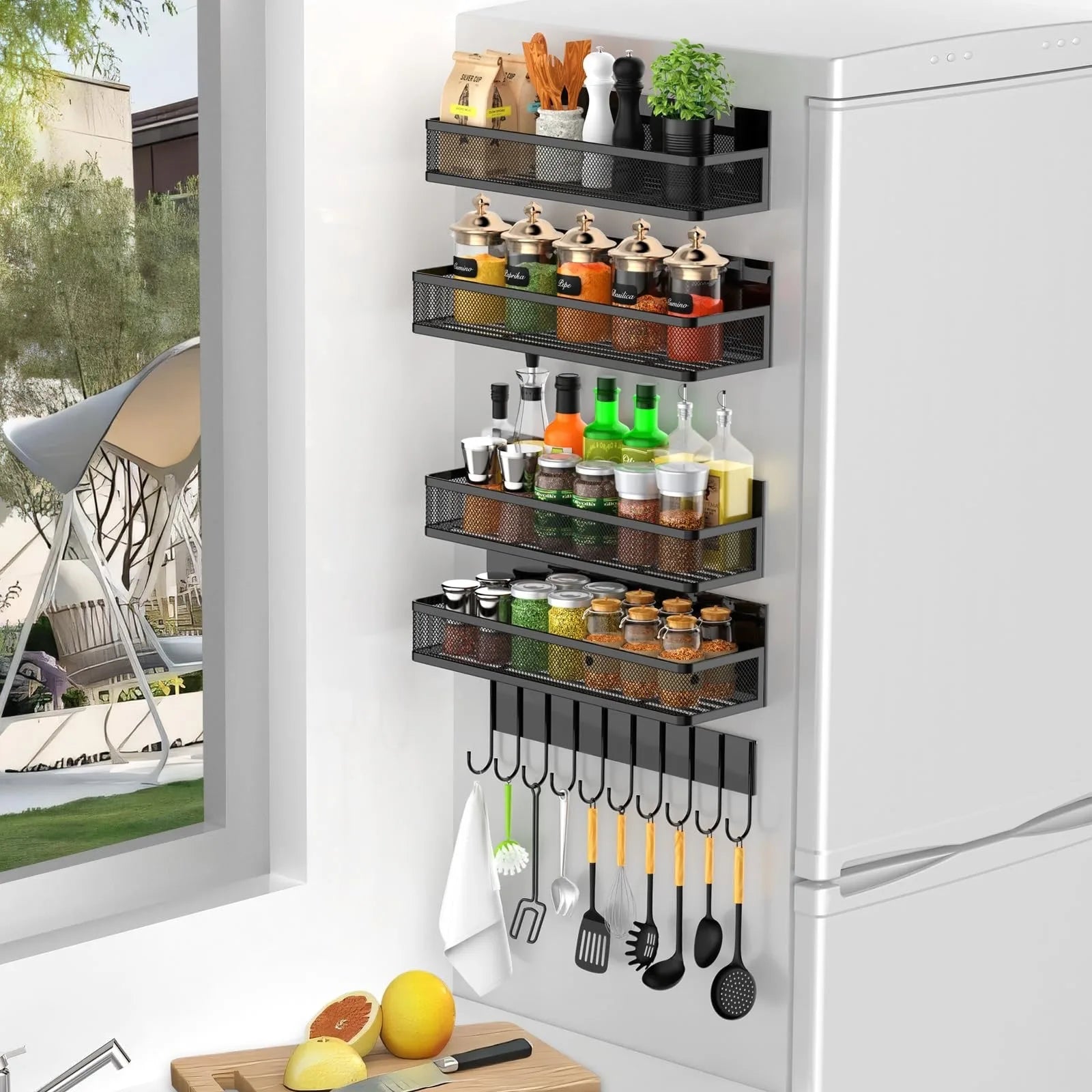 Heavy Duty Magnetic Refrigerator Organizer Shelf with Hooks Expandable Storage Rack for Kitchen Pantry No Drill Space Saver