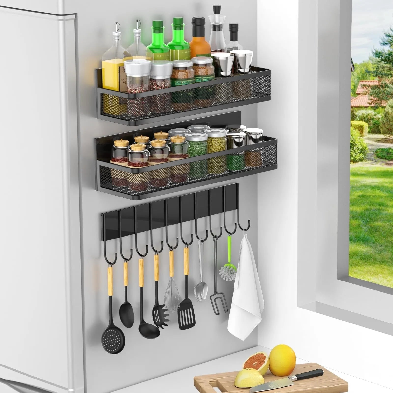 Heavy Duty Magnetic Refrigerator Organizer Shelf with Hooks Expandable Storage Rack for Kitchen Pantry No Drill Space Saver