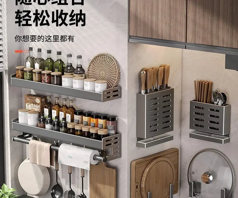 Stylish Wall-Mounted Kitchen Condiment Rack with Storage Box Multifunctional Household Utensil Rack with Oil Vinegar Dispenser